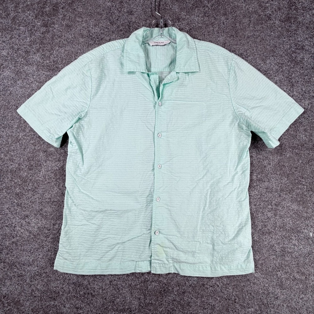 Kenneth Cole Button Up Shirt Womens S Blue Textured Striped Short Sleeve Outdoor